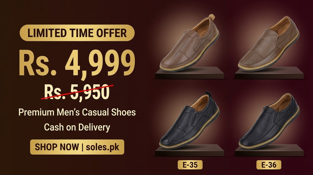 Promotional graphic showing four men's casual slip-on shoes arranged in a 2x2 grid on a dark brown background with large sale text reading 'Limited Time Offer' and 'Rs. 4,999' plus 'Shop now | soles.pk
