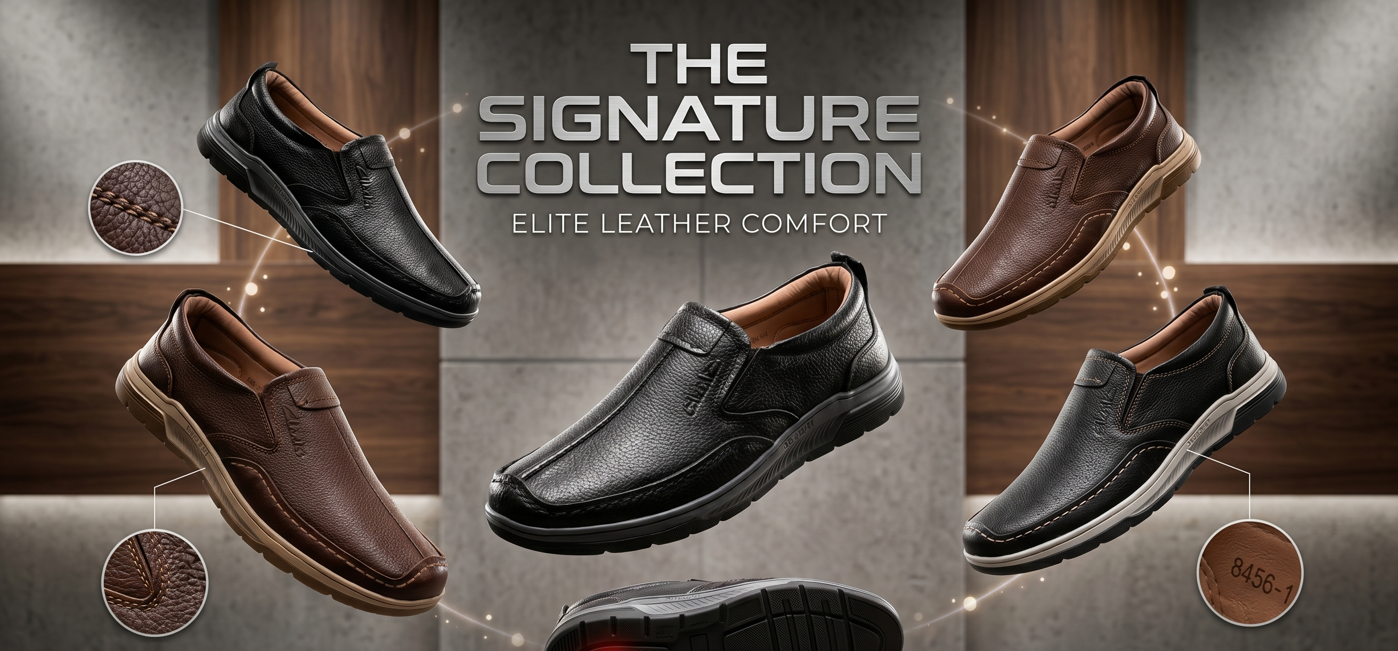 Collage of men's leather shoes with 'The Signature Collection' text on a gray background.