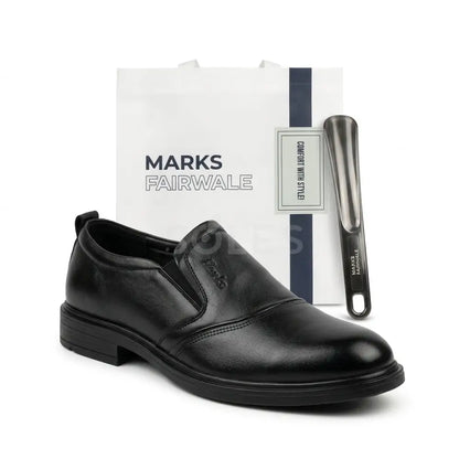 SOLES M-667 black men's leather slip-on shoe displayed with branded gift bag and shoehorn