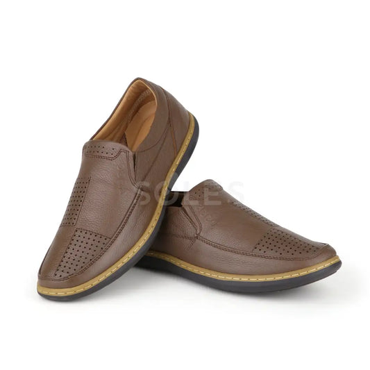SOLES E-36 mustard-tan men's casual leather slip-on shoes, pair view showing side profile