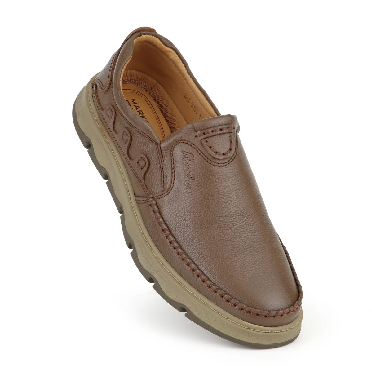 SOLES E-55 mustard tan leather casual slip-on shoe for men, side view with stitched toe