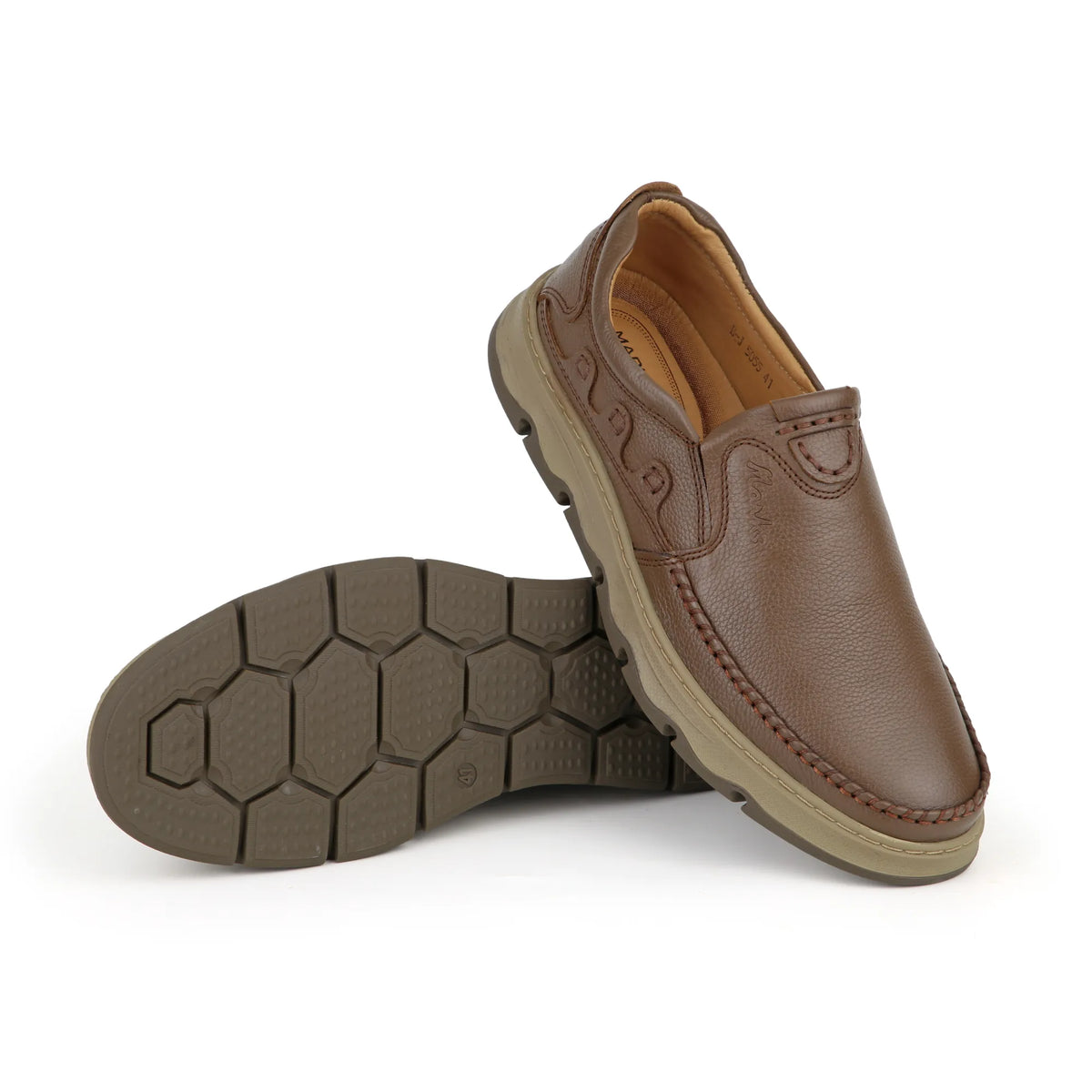 SOLES E-55 mustard tan leather casual shoes for men, sole view with grip tread